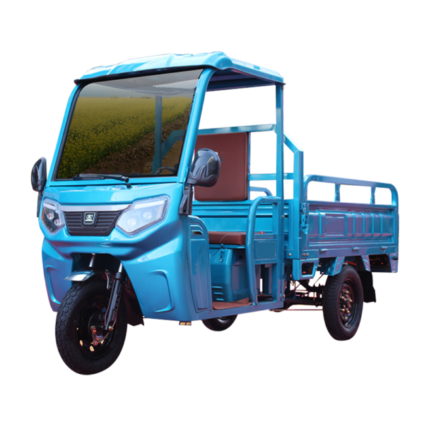 Blue Electric cargo tricycle with 1.6m cargo space and front canopy