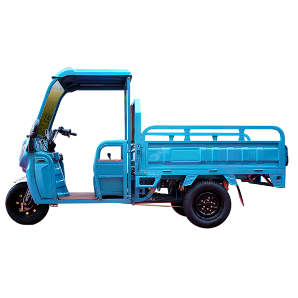 Blue Electric cargo tricycle with 1.6m cargo space and front canopy